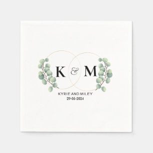 black and white monogram eucalyptus wedding napkins
