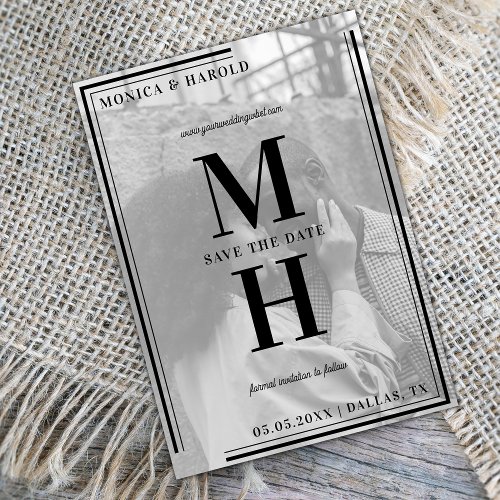 Black and White Monogram Faded Photo Retro Frame Save The Date