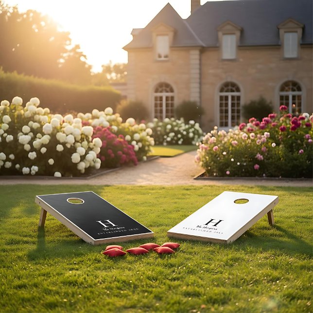 Black and White monogram  family name Cornhole Set (Creator Uploaded)