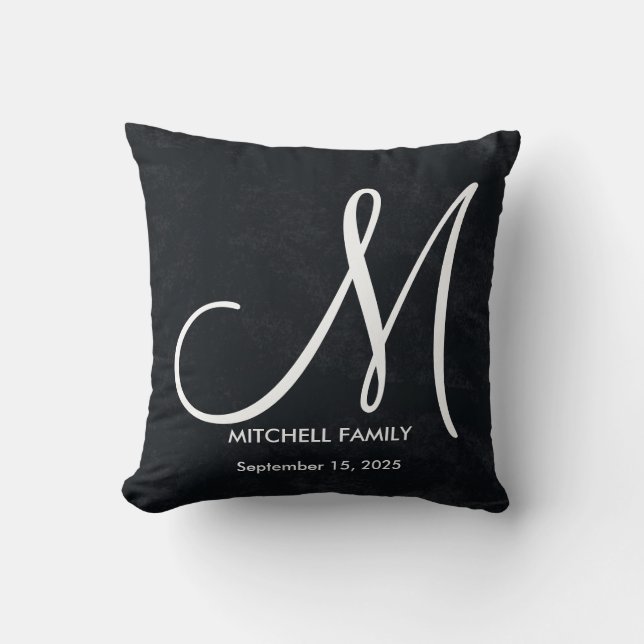 Black and White Monogram Family Wedding Square Throw Pillow (Front)