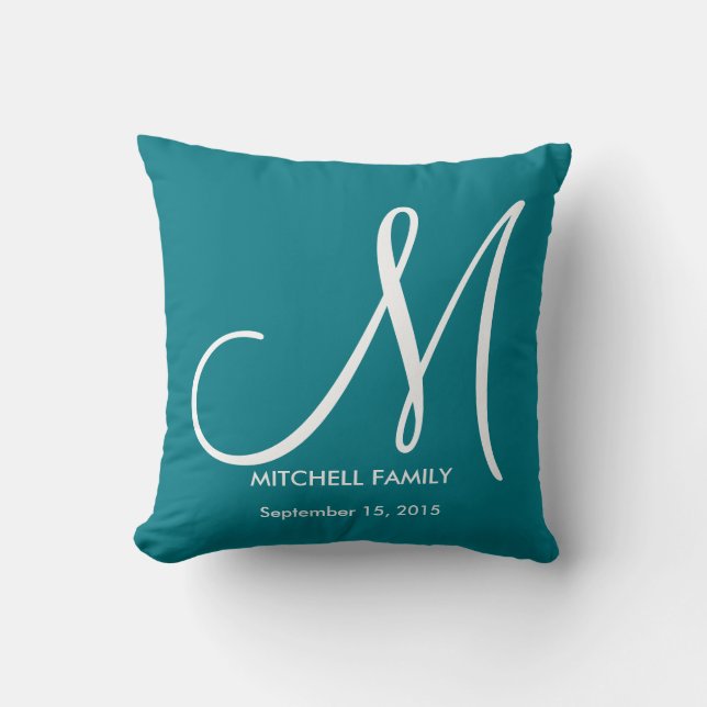 Black and White Monogram Family Wedding Square Throw Pillow (Front)