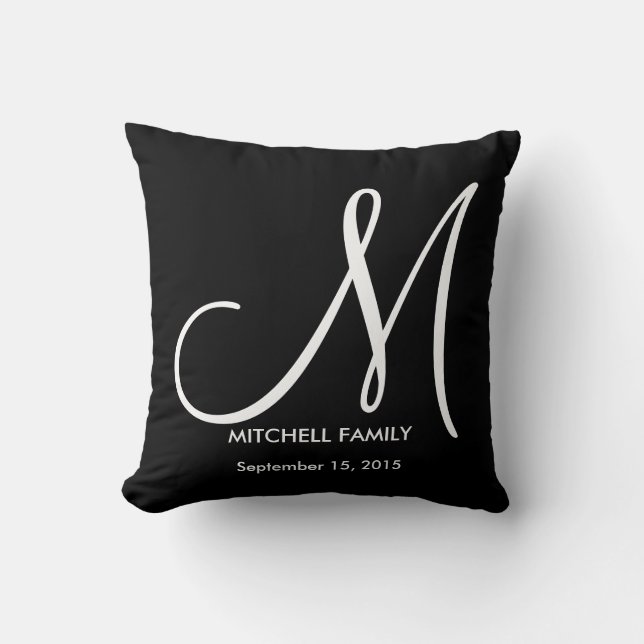 Black and White Monogram Family Wedding Square Throw Pillow (Front)