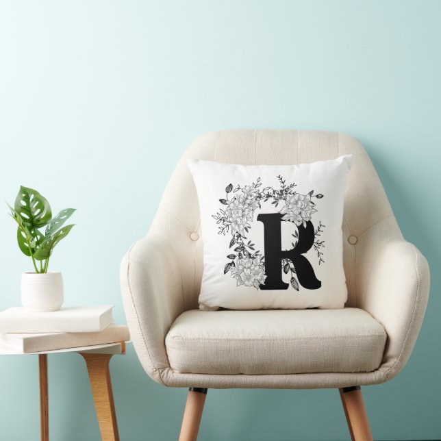 Black and White Monogram Floral Pillow (Chair)