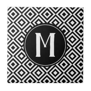 Black and White Monogram Geometric Diamond Pattern Ceramic Tile
