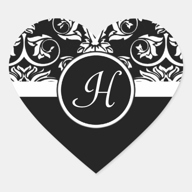 Black and White Monogram Heart Damask Stickers (Front)