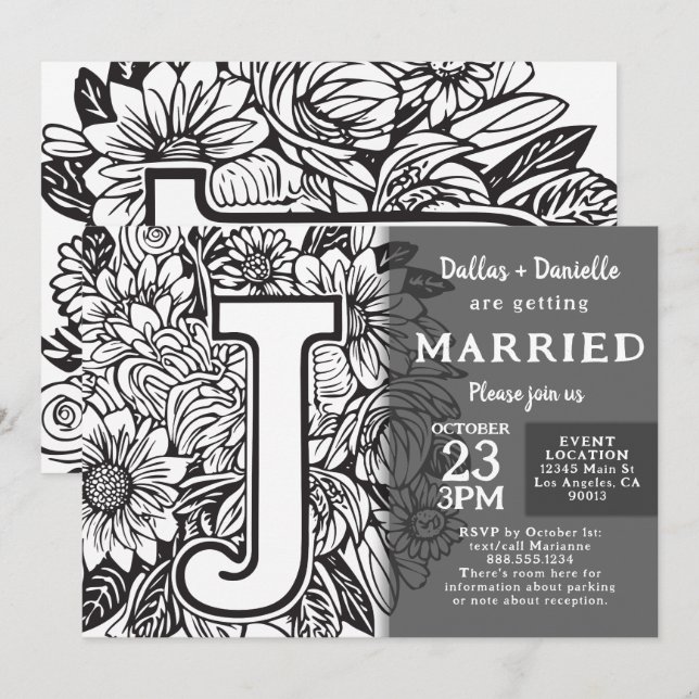 Black and White Monogram J Tattoo Flowers Wedding Invitation (Front/Back)