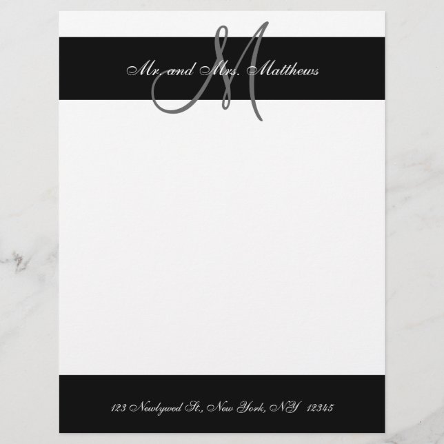 Black and White Monogram Letterhead for Newlyweds (Front)