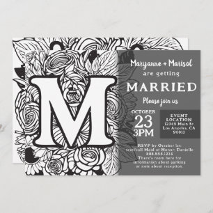 Black and White Monogram M Tattoo Flowers Wedding Invitation