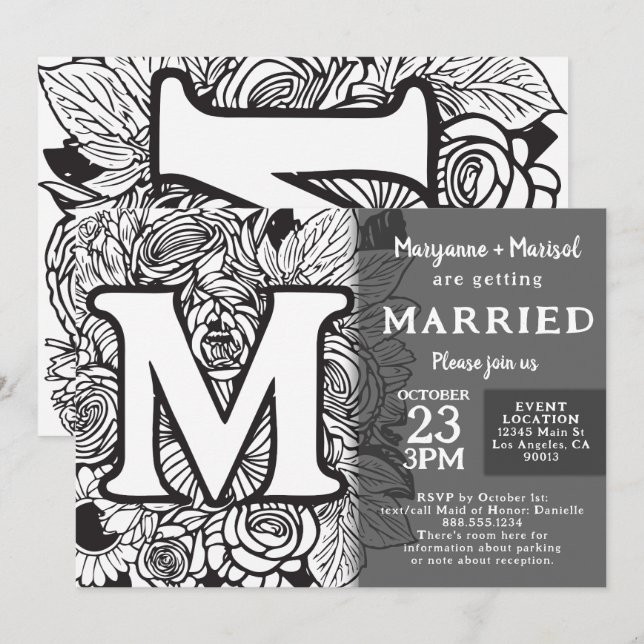 Black and White Monogram M Tattoo Flowers Wedding Invitation (Front/Back)