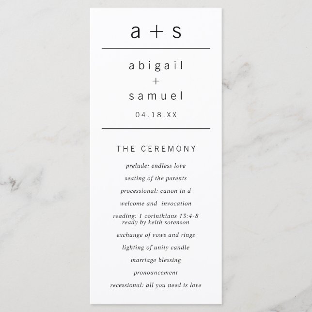 Black and White Monogram Modern Minimalist Wedding Program (Front)