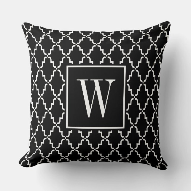 Black and White Monogram Moroccan Quatrefoil Throw Pillow (Front)