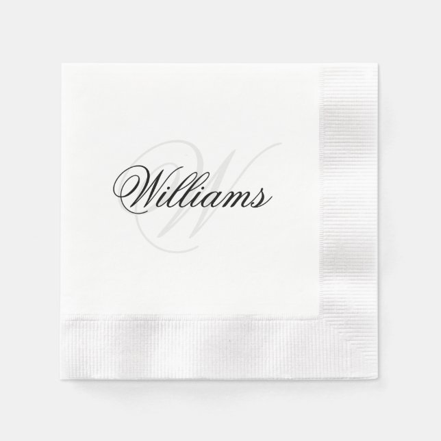 Black and White Monogram Name Coined Cocktail Napkins (Front)