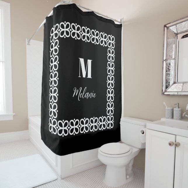Black and White Monogram & Name Elegant Shower Curtain (In Situ)