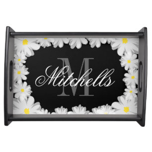 Black and white monogram name floral serving tray