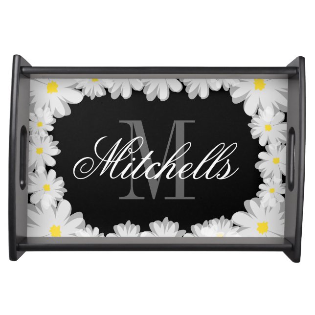 Black and white monogram name floral serving tray (Front)