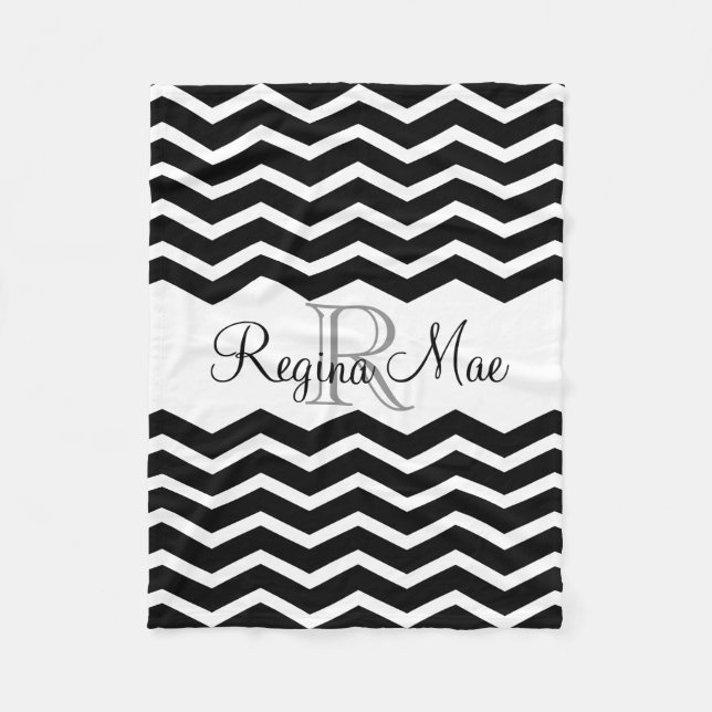 Black and White Monogram Name Keepsake Chevron Fleece Blanket (Front)