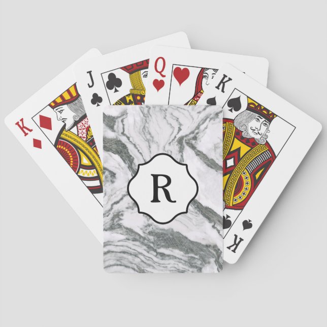 Black and White Monogram on Dramatic Gray Marble Poker Cards (Back)