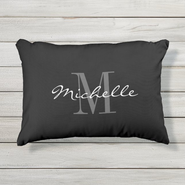 Black and white monogram outdoor accent pillow (Front)