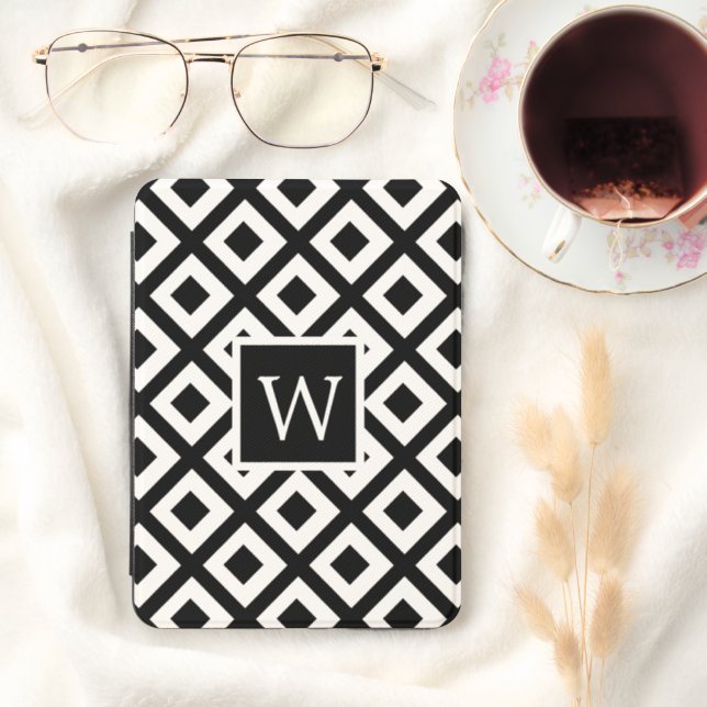 Black and White Monogram Over Square Pattern Kindle Cover (In Use (Hygge))