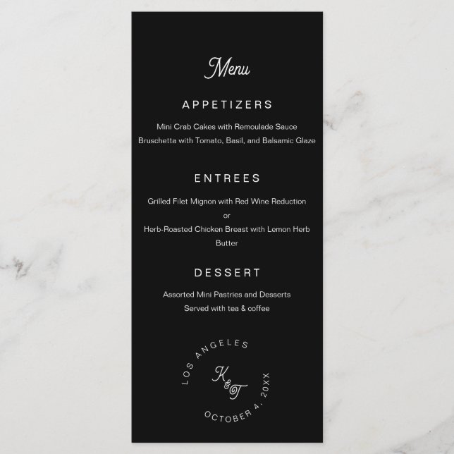 Black and white monogram Personalize Wedding  Menu (Front)