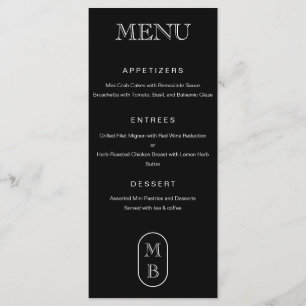 Black and white monogram Personalize Wedding Menu