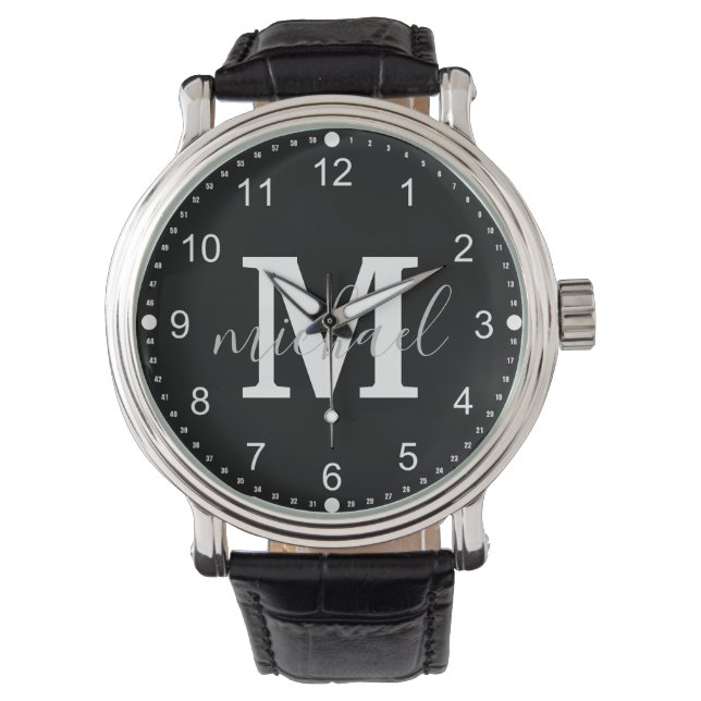 black and white monogram personalized men watch (Front)