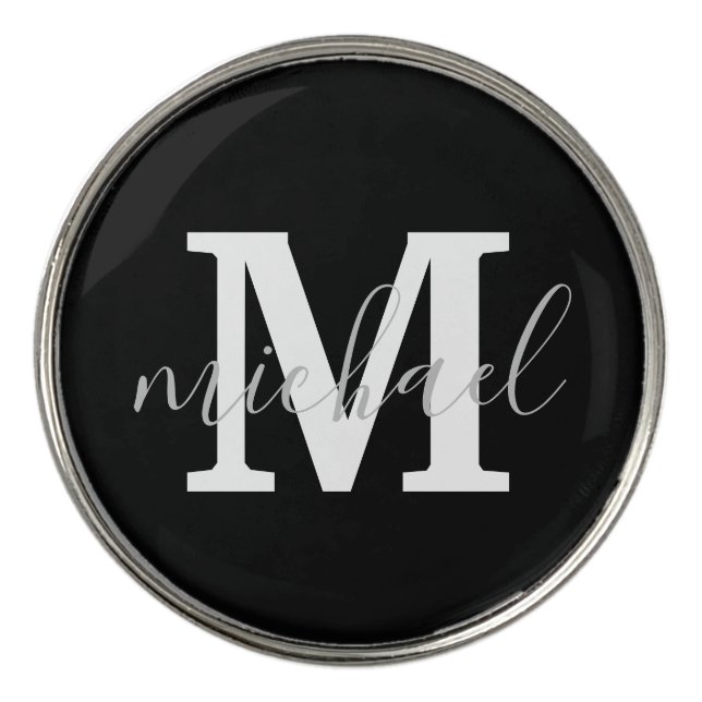 black and white monogram personalized stylish golf ball marker (Front)