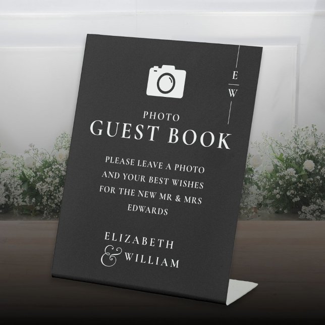 Black And White Monogram Photo Guest Book Wedding Pedestal Sign (Black And White Monogram Photo Guest Book Wedding Pedestal Sign)