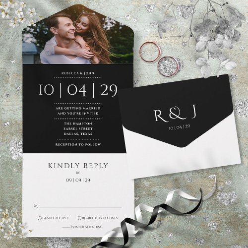 Black And White Monogram Photo Wedding Date  All In One Invitation