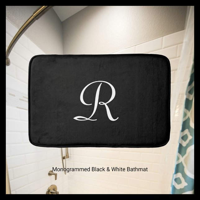 Black and White Monogram Plush Minimalist Simple Bathroom Mat (Creator Uploaded)