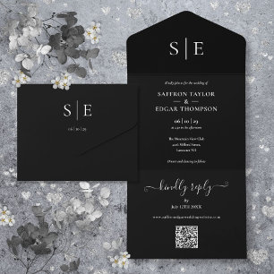 Black And White Monogram QR Code Wedding All In One Invitation
