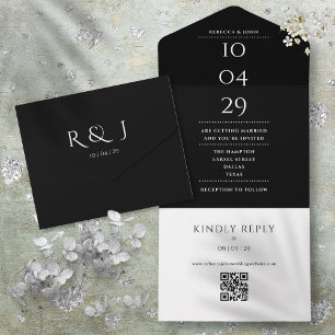Black And White Monogram QR Code Wedding Date All In One Invitation