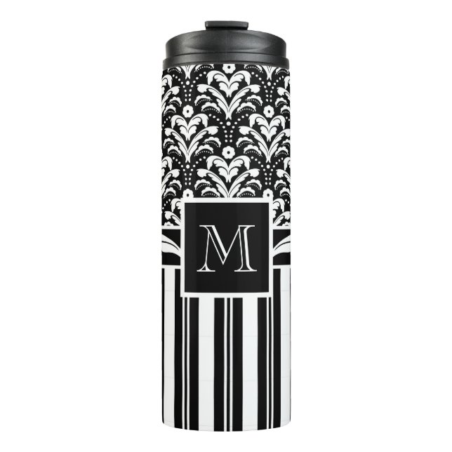 Black and White Monogram Retro Floral Damask Thermal Tumbler (Front)