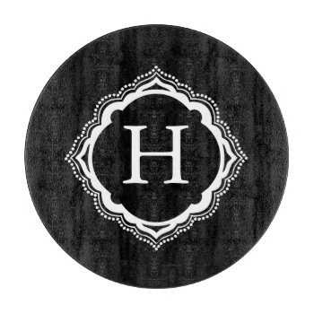 Black And White Monogram Round Glass Cutting Board by thespottedowl at Zazzle