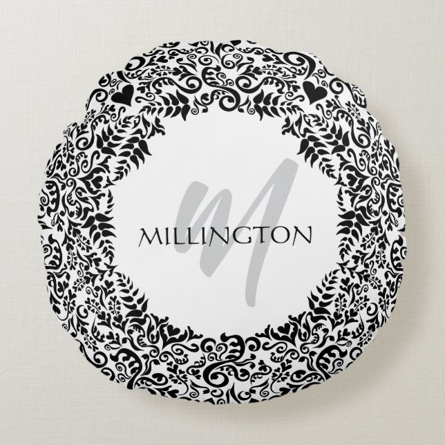 Black and White Monogram Round Pillow (Front)
