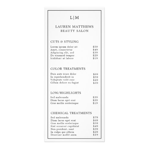 Black and White Monogram Simple Salon Price List Rack Card