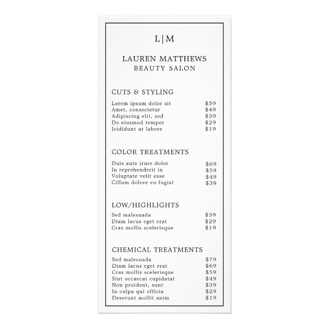 Black and White Monogram Simple Salon Price List Rack Card (Front)