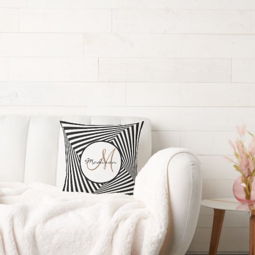 Black and White Monogram Striped  Throw Pillow