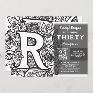Black and White Monogram Tattoo Flowers Birthday Invitation