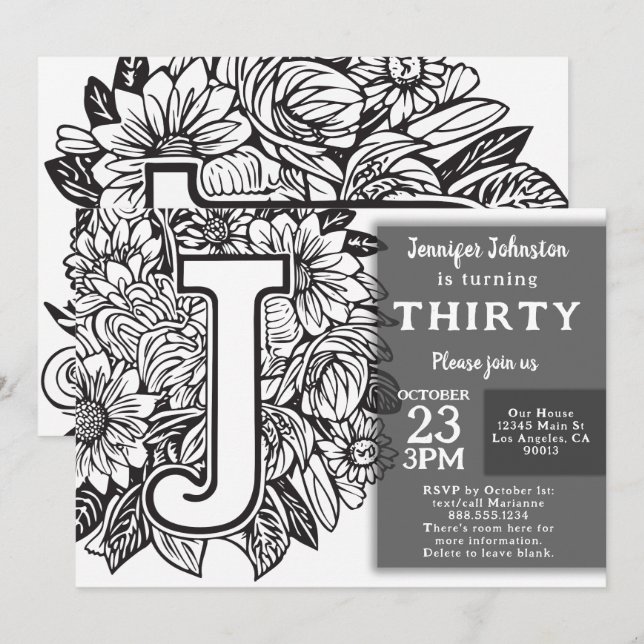 Black and White Monogram Tattoo Flowers Birthday  Invitation (Front/Back)