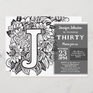Black and White Monogram Tattoo Flowers Birthday  Invitation