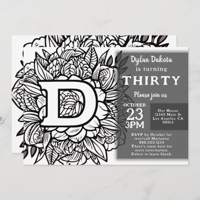 Black and White Monogram Tattoo Flowers Birthday  Invitation (Front/Back)