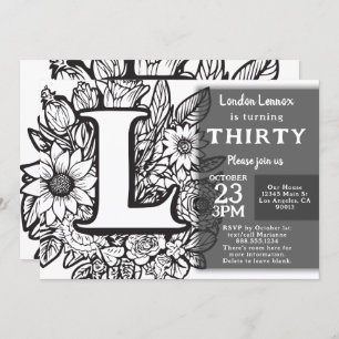 Black and White Monogram Tattoo Flowers Birthday Invitation