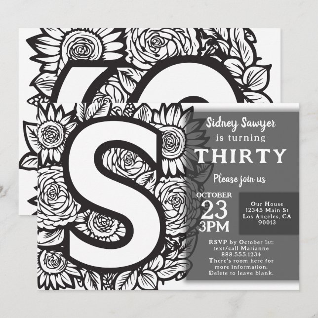 Black and White Monogram Tattoo Flowers Birthday  Invitation (Front/Back)