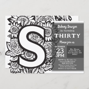 Black and White Monogram Tattoo Flowers Birthday  Invitation