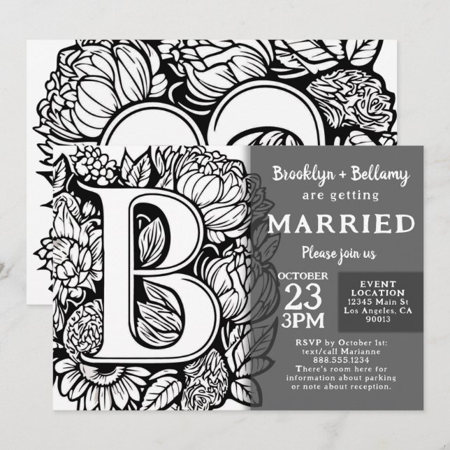 Black and White Monogram Tattoo Flowers Wedding Invitation (Front/Back)