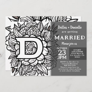 Black and White Monogram Tattoo Flowers Wedding Invitation