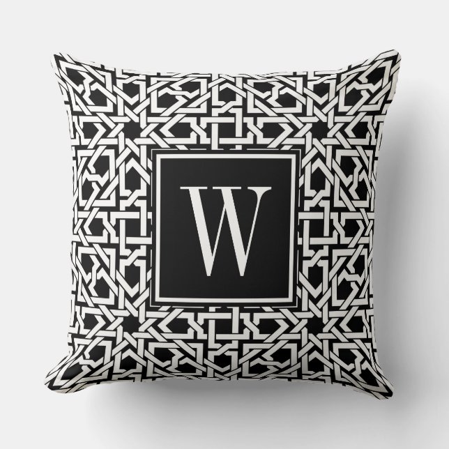 Black and White Monogram trellis weave Throw Pillow (Front)