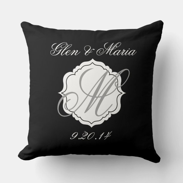 Black and White Monogram Wedding Date Pillow (Front)