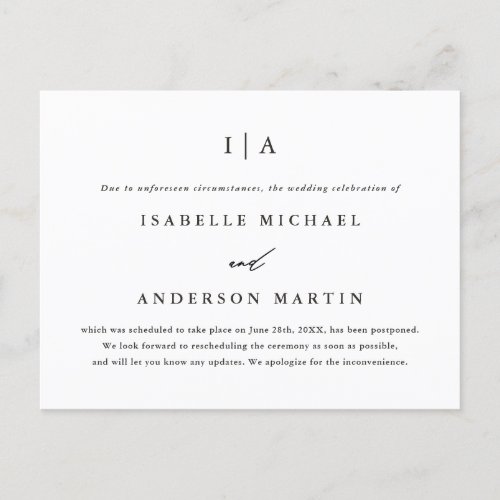 Black and White Monogram Wedding Postponement Announcement Postcard